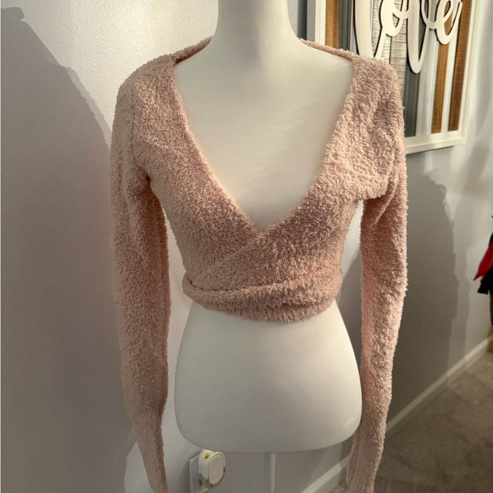 Skims Pink Fuzzy Wrap Sweater